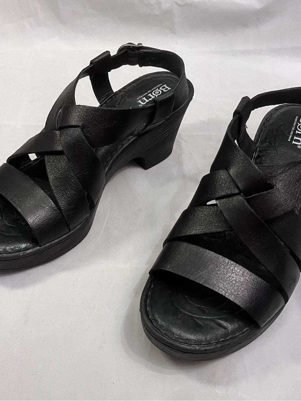 Born Black Leather Crisscross Wedge Sandals - Picture 3 of 6